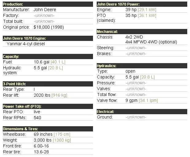 1070 john deere specs