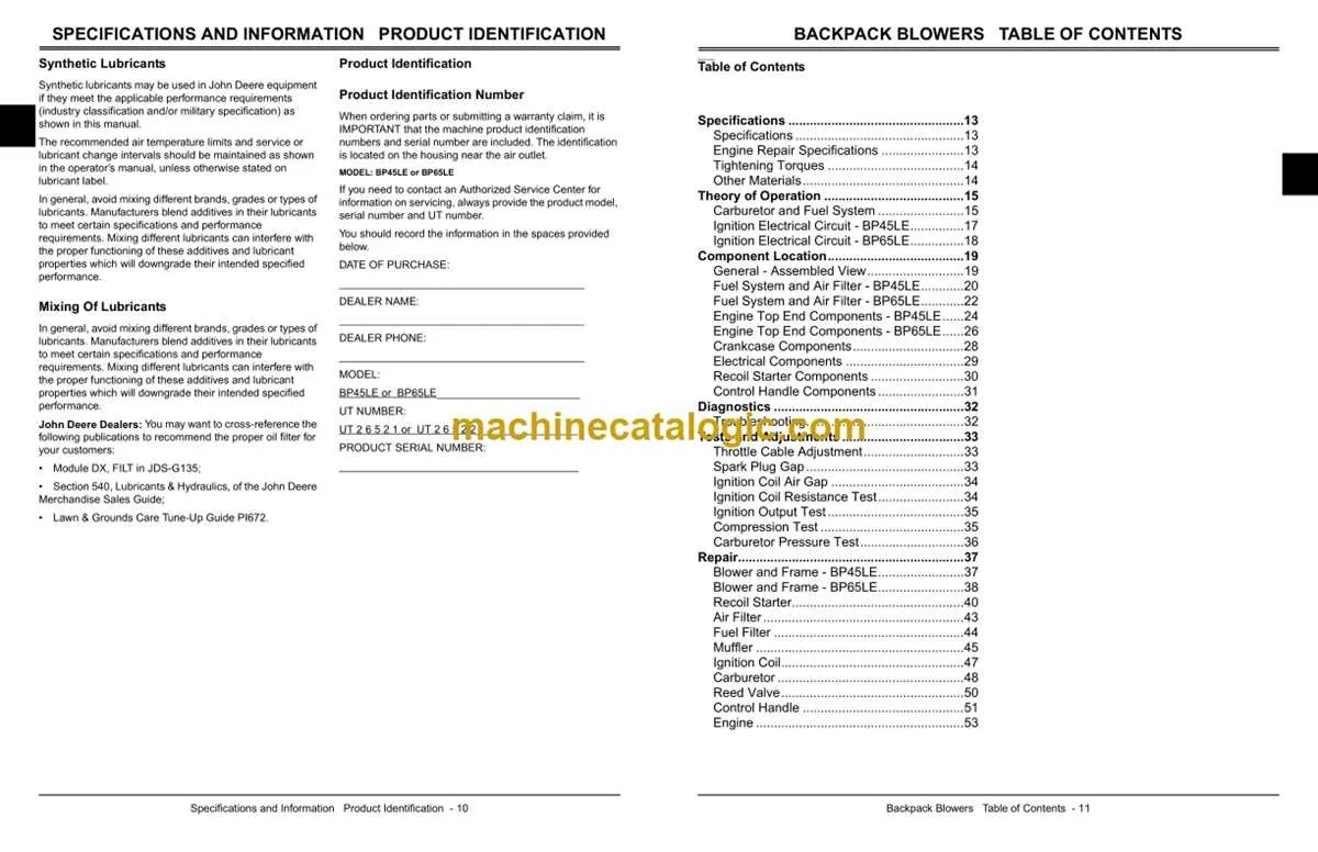bp45le john deere blower specs