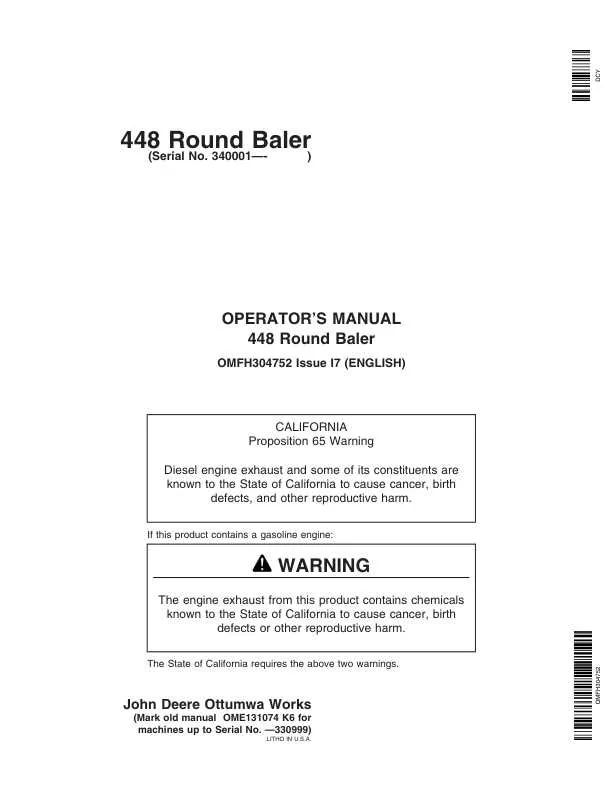 john deere 448 round baler specs