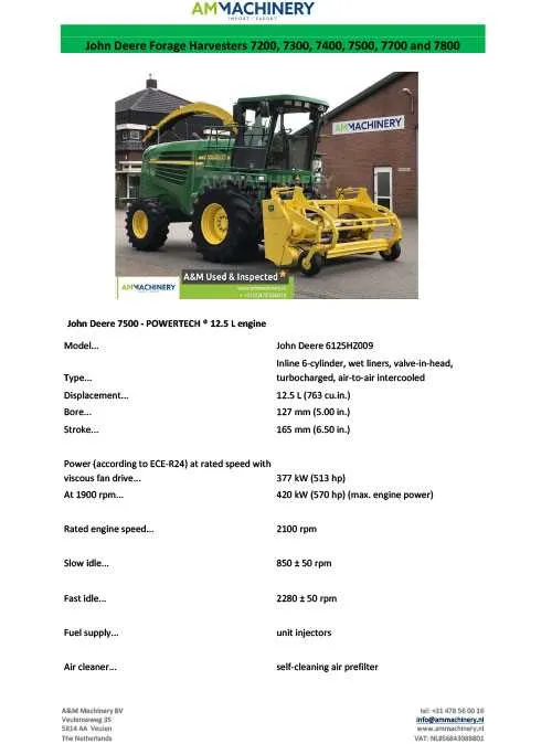 john deere 7000 series forage harvester specs