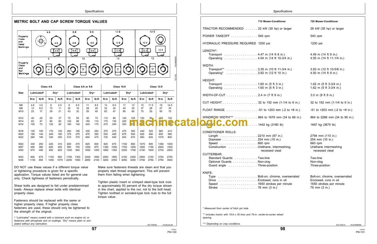 john deere 720 mower conditioner specs
