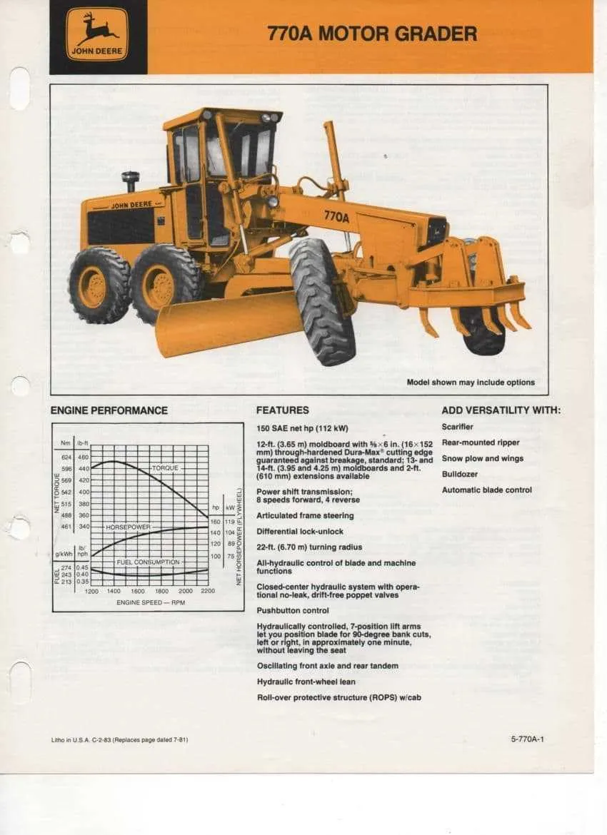 john deere 770a grader specs