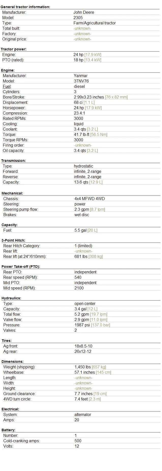 john deere 2305 hst diesel 4x4 tlb specs