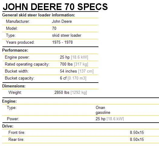 john deere 70 skid steer specs