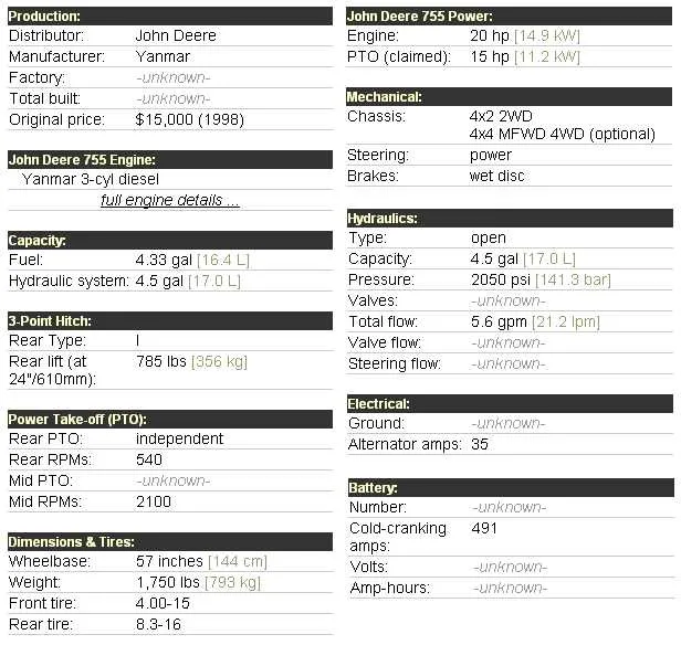 john deere 755a specs